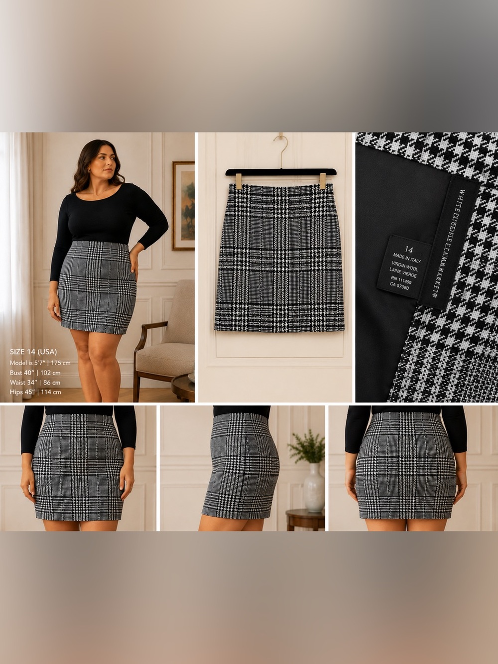 White House Black Market Black and White Plaid Pencil Skirt